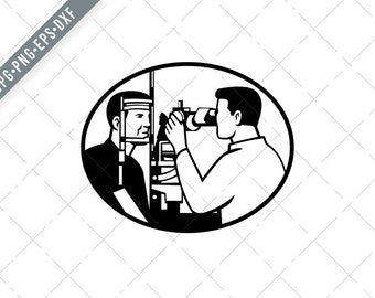 Paciente y óptico u optometrista con pruebas de equipos de prueba ocular para el examen ocular Retro negro y blanco SVG-optician SVG-Cut File-DXF-jpg-png