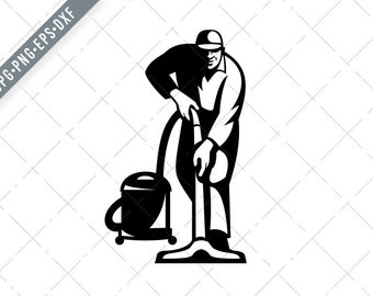 Cleaner Janitor Vacuuming Cleaning With Vacuum Cleaner Retro Black and White Svg-Janitor SVG-Industrial Cleaner Cut File-DXF-jpg-png