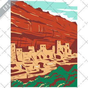 Op de afbeelding: Een vintage-stijl illustratie van een woning in een klif met een rode rotswand en een beigekleurig gebouw met meerdere ramen en deuren. Het gebouw is in de klif gehuisvest en omgeven door groene bomen.