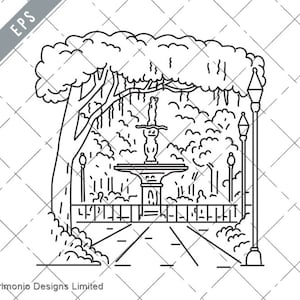 Op de afbeelding: Een zwart-witte lijntekening van een fontein in een park met bomen en lantaarnpalen. De fontein bevindt zich in het midden van de afbeelding en heeft een groot, rond bassin met een kleiner, rond bassin erboven. Aan weerszijden van de fontein staan bomen en aan weerszijden van de bomen staan lantaarnpalen.