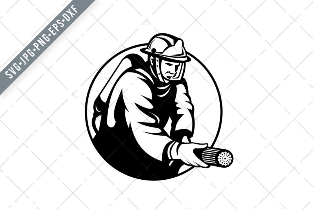 Firefighter Fireman First Responder Aiming Fire Hose Circle Retro Black ...