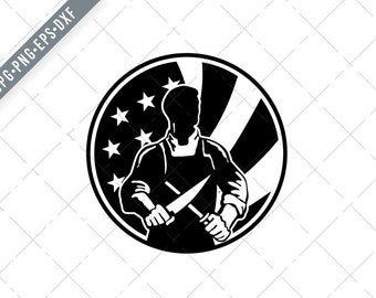 American Butcher Sharpening Knife With USA Flag Circle Retro Black and White Svg-Butcher SVG-Cut File-American Butcher DXF-jpg-png