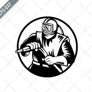 Sandblaster Holding Sandstrahlschlauch Front View Circle Retro schwarz und weiß Svg-Sandblasting SVG-Sand Blaster geschnitten Datei-DXF-jpg-png