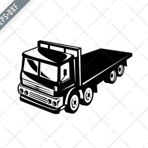 Puede incluir: Ilustración en blanco y negro de un camión de plataforma. El camión tiene un remolque de plataforma y se ve desde un ángulo lateral.