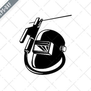 Puede incluir: Ilustración en blanco y negro de un casco de soldador con una antorcha de soldadura. El casco tiene una visera transparente y la antorcha tiene un mango largo.
