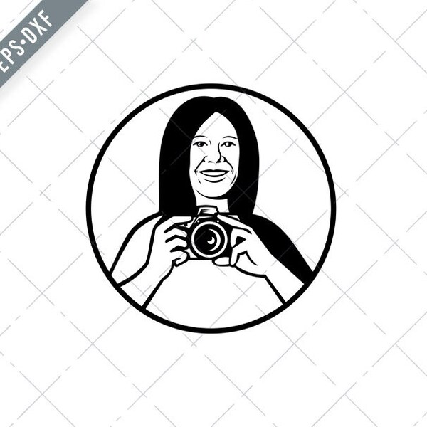 Female Photographer Holding DSLR Camera Circle Black and White Retro SVG-Female Photographer svg-Photographer Cut File-DXF-jpg-Washer png