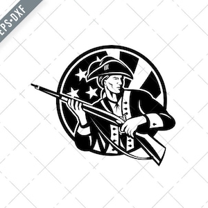 American Revolutionary Soldier with Rifle and USA Flag Circle Retro Black and White Svg-Patriot SVG-Minuteman Cut File-DXF-jpg-png