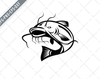 Catfish Jumping Retro Black and White  Svg-Catfish SVG-Catfish Cut File-Catfish Jumping DXF-jpg-png