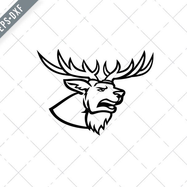 Kopf eines Rotwildes oder Cervus Elaphus Hirsch oder Buck mit Geweih brüllen Seite Ansicht Maskottchen schwarz weiß Svg-Red Deer SVG-Cut Datei-DXF-jpg-png