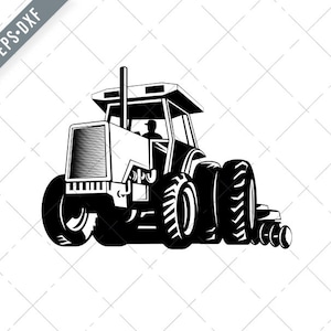 May include: Black and white illustration of a tractor with a driver in the cab. The tractor has large wheels and a plow attached to the back.