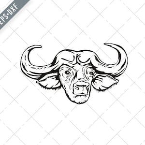 Head of Cape Buffalo or African Buffalo Syncerus Caffer Front Woodcut Black White Svg-Syncerus Caffer SVG-Cape Buffalo Cut File-DXF-jpg-png
