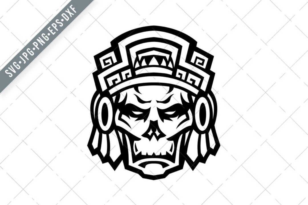 Aztec Warrior Skull Viewed From Front Mascot Black and White