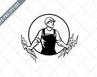Electrician Power Lineman Holding Two Lightning Bolts Circle Retro Black and White Svg-electricity SVG-construction Cut File-DXF-jpg-png