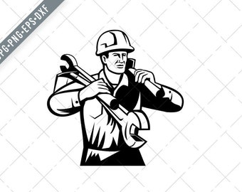Handyman or Builder Wearing Hard Hat Carrying Spanner and Spade Retro Black and White Svg-Builder SVG-Cut File-DXF-jpg-png