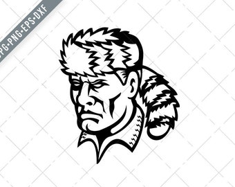 American Folk Hero and Frontiersman Davy Crockett Mascot Black and White Svg-Davy Crockett SVG-Frontiersman Cut File-DXF-jpg-pn
