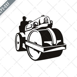 Op de afbeelding: Zwart-witte illustratie van een vintage stoomwals met een persoon die hem bedient.