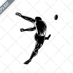 Jogador de rugby ou chutador chutando a bola visto de trás Retro Xilogravura Preto e Branco Svg-rugby Union SVG-Rugby Kicker Cut File-DXF-jpg-png