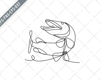 Muskellunge Muskie Musky Esox Masquinongy or Lunge Jumping Up Continuous Line Drawing Svg-Muskellunge SVG-Muskie Cut File-DXF-jpg-png