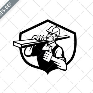 Puede incluir: Ilustración en blanco y negro de un trabajador de la construcción con casco y mascarilla, sosteniendo una tabla de madera en el hombro y haciendo un pulgar hacia arriba.