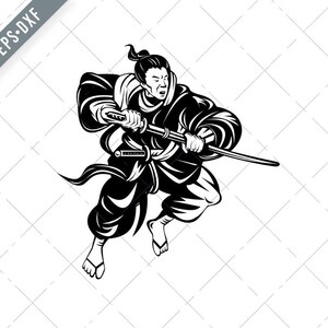 Guerrero samurai o Bushi con Katana Espada Luchando Retro Woodcut Negro y Blanco Svg-Bushi SVG-buke Cortar File-bushido DXF-jpg-png