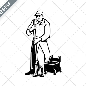 May include: A black and white illustration of a janitor holding a mop and bucket. The janitor is wearing a cap and has a serious expression on his face.