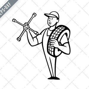 Puede incluir: Un dibujo en blanco y negro de un mecánico sosteniendo una llave de rueda y una rueda de repuesto sobre su hombro.