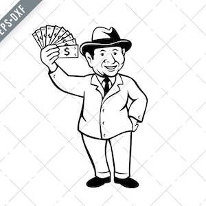 Vintage Geschäftsmann mit einem Wad von Dollar Bill Notes oder Geld Cartoon schwarz und weiß Svg-Businessman SVG-Dollar geschnitten Datei-DXF-jpg-png