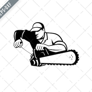 Arborist Holding Kettensäge Vorderfront schwarz und weiß Retro Svg-Arborist SVG-Arborist geschnitten Datei-Kettensäge DXF-jpg-Chainsaw png