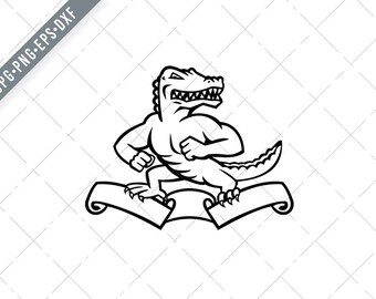Gator or Alligator Standing on Ribbon Scroll Mascot Black and White Svg-crocodile SVG-Alligator Cut File-Gator DXF-jpg-png