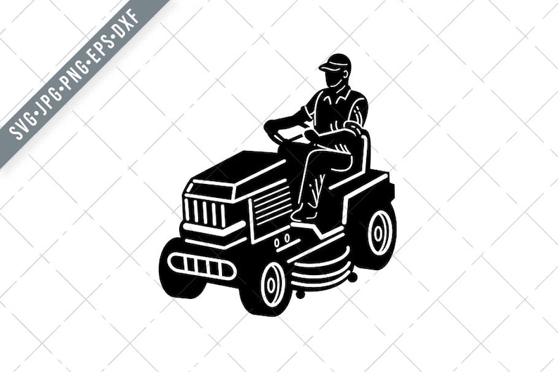 Gardener Riding Ride On Mower Mowing Lawn Retro Black and White SVG-Ride On Mower SVG-Lawn Mower Cut File-Mowing DXF-jpg-png image 1