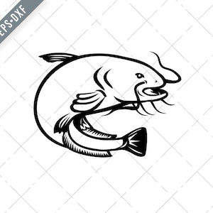 Wels Catfish Jumping Side Retro Nero e Bianco SVG-Wels Catfish SVG-Catfish Cut File-Catfish DXF-jpg-png