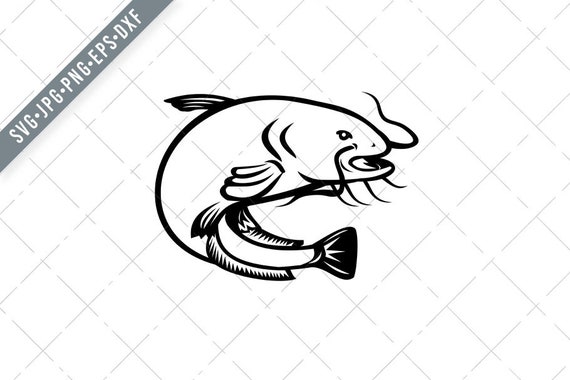 Wels Catfish Jumping Side Retro Black and White SVG-Wels Catfish  SVG-Catfish Cut File-Catfish DXF-jpg-png