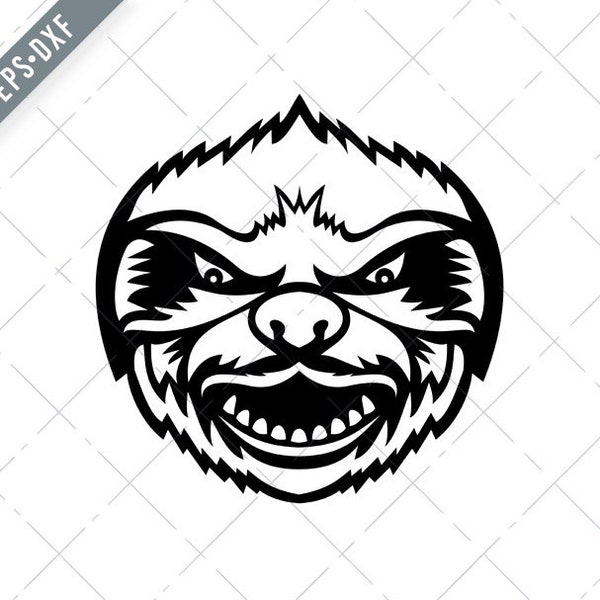 Head of Angry Sloth Front View Mascot Retro Black and White Svg-Angry Sloth SVG-Cut File-DXF-jpg-png