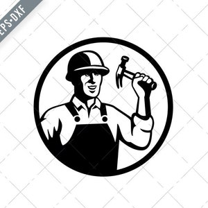 Carpinteiro Trabalhador da Construção Civil Segurando um Círculo de Martelo Preto e Branco svg-Carpenter SVG-Carpenter Cut File-Construction Worker DXF-jpg-png