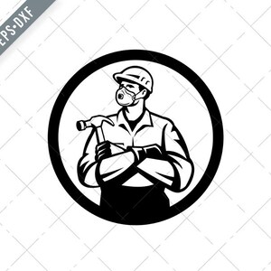 Puede incluir: Ilustración en blanco y negro de un trabajador de la construcción dentro de un círculo negro. El trabajador lleva casco, respirador y guantes, sosteniendo un martillo con los brazos cruzados. El diseño es simple y audaz.