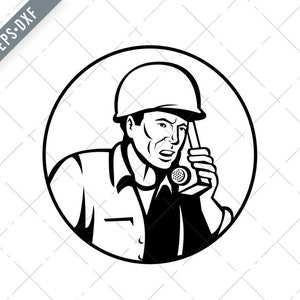 Tweede Wereldoorlog Amerikaanse Soldaat Talking Walkie-Talkie Radio Communicatie Retro Zwart en Wit Svg-militaire SVG-Cut File-DXF-jpg-png