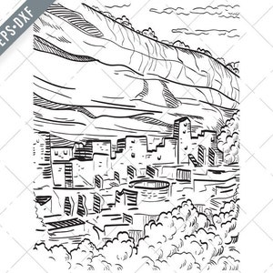 Parc national de Mesa Verde dans le Colorado avec Puebloan Cliff Dwellings Woodcut Black White Svg-Mesa Verde National Park SVG-Cut File-DXF-jpg-png