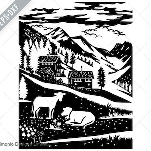 Berghütte im Naturpark Binntal in der Schweiz Schweizer Scherenschnitt Paper Cut Art-Vector EPS svg-Schnitt File-DXF-jpg-png