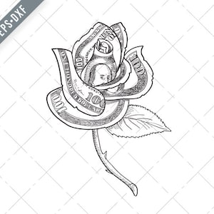 Fiore di rosa con denaro o US One Hundred Dollar Nota Bill stampato su petali disegno nero bianco Svg-Money Petali SVG-Cut File-DXF-jpg-png