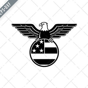 アメリカのハクトウワシが翼を広げ、円形の中にアメリカ合衆国の星条旗を掴んでいるマスコット、白黒 SVG-SVG-カット ファイル-DXF-jpg-png