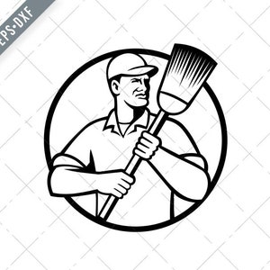 Street Sweeper Concierge ou Nettoyeur Holding Broom Circle Rétro Noir et Blanc Svg-Sweeper SVG-Cut File-Cleaning DXF-jpg-png