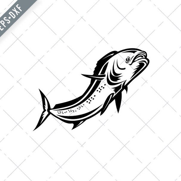 Mahi-mahi o pez delfín común saltando retro negro y blanco SVG-Dolphinfish SVG-Mahi-mahi corte archivo-dorado DXF-jpg-png