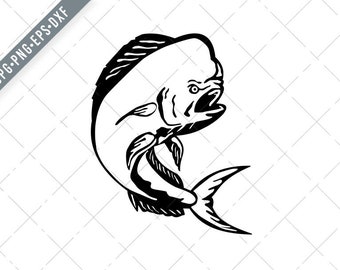 Angry Mahi-mahi Dorado Dolphinfish Jumping Etching Black and White SVG-Mahi-mahi SVG-Dorado Cut File-DXF-Mahi-mahi jpg-Dolphinfish png