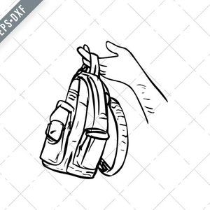 May include: A black and white line drawing of a hand holding a backpack. The backpack has a zippered pocket and a strap.