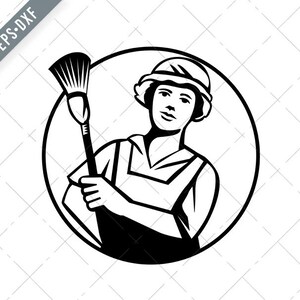 May include: Black and white illustration of a person wearing a hat and holding a broom. The person is wearing a uniform and is standing in a circle.