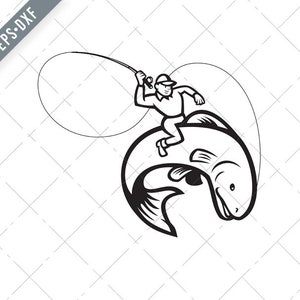 Volar pescador montando trucha pescado dibujos animados negro y blanco Svg-Fly pescador SVG-Trout corte archivo-pescado DXF-jpg-png