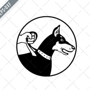 Può includere: Illustrazione in bianco e nero di un Dobermann Pinscher condotto da una mano che tiene un guinzaglio.