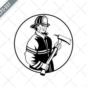 May include: Black and white illustration of a firefighter holding a fire axe. The firefighter is wearing a helmet and a jacket with a reflective stripe. The illustration is set against a white background.