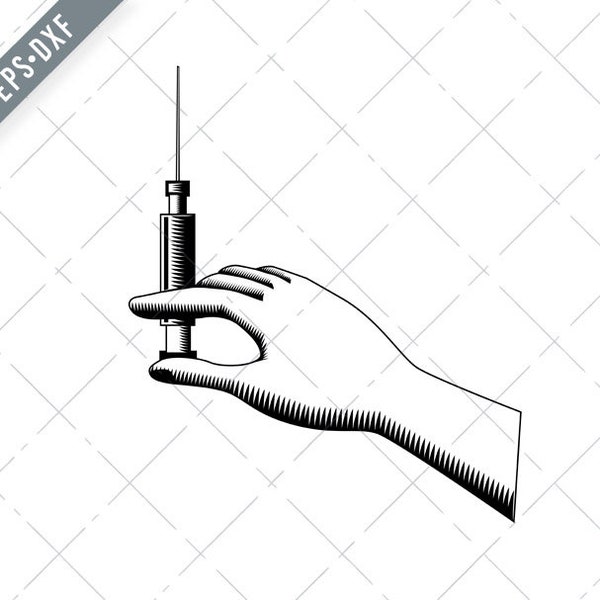 Hand Holding a Syringe with Hypodermic Needle Retro Woodcut Black and White Svg-vaccination SVG-vaccine Cut File-DXF-jpg-png