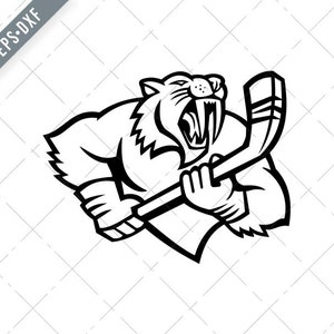 Gato com dentes de sabre segurando o mascote do taco de hóquei no gelo preto e branco Svg-Hóquei no gelo SVG-Smilodon Cut File-DXF-jpg-png